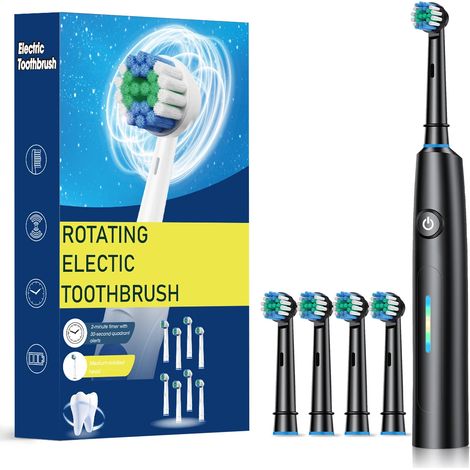 Brosse à dents électrique pour adultes, rechargeable, rotative (noire, avec 4 têtes de rechange). (1/5)