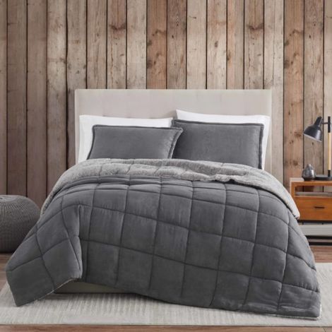 Parure de lit réversible en Sherpa Ultra Douce et Confortable avec Couvre-Oreiller Assorti, Polaire, Gris, très Grand lit (1/5)