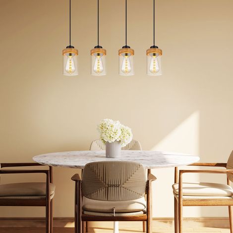 Pendellampe Wohnzimmerlampe Hängeleuchte Esszimmerleuchte Küchenlampe, Metall Holz Glas rauch schwarz, 4 Flammig, E27, L 82 cm