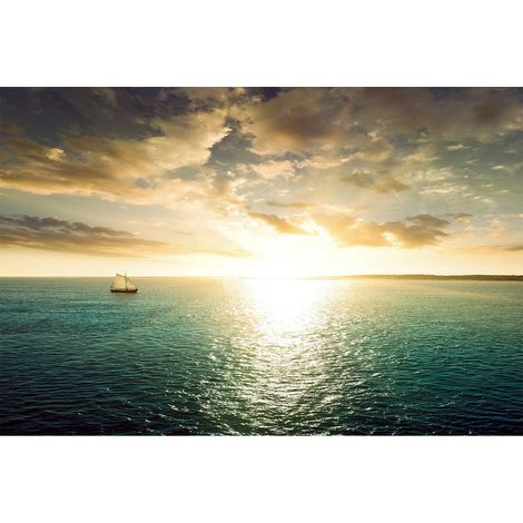 Papier peint panoramique mer bleue | Tapisserie panoramique nature coucher de soleil | Papier peint panoramique paysage pour salle de bain - 267 x 400 cm (4 pièces) (1/2)