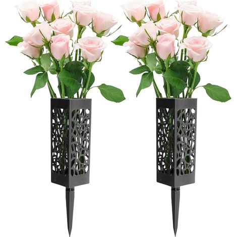 Lot de 2 porte-fleurs décoratifs de 30 cm pour cimetière - Vases coniques en plastique avec longue tige et trous de drainage pour pierres tombales, cimetières et espaces verts extérieurs (1/5)