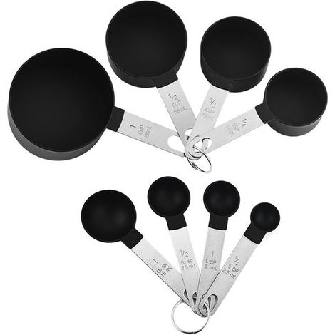Set di 8 misurini. Include 4 misurini e 4 cucchiai dosatori con manici in acciaio inossidabile. Set di misurini e cucchiai dosatori in plastica per liquidi. (1/5)