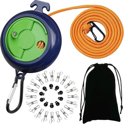 Corde a Linge Retractable,Corde à Linge Antidérapante Portable,Corde à Linge Voyage 10m, 10 Boucles de Retenue et 20 Pinces à Linge,pour Plein Air Camping Voyage Accessoires (Vert-B) (1/5)