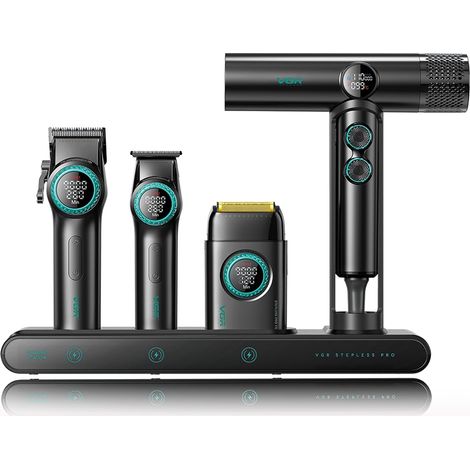 Combo avec Tondeuse Cheveux Trimmer, Rasoir Grille  et Sèche Cheveux Ionique, 4 en 1 Kit Barbier Équipé Moteur Renforcé, Écran LED, Base de Charge et Boîte, Rouge (1/5)