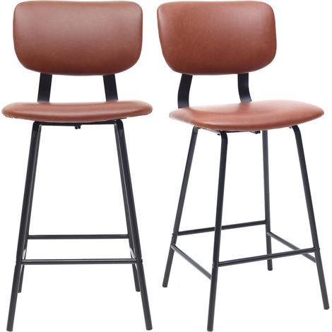 Miliboo – Tabouret de bar vintage marron clair 65 cm – Lot de 2 – Structure métal noir – Assise rembourrée en polyuréthane (1/5)