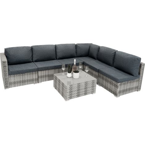 Conjunto Modular de Muebles de Patio de Ratán Gris 7 Piezas Sofá Modular Mesa con Tapa de Vidrio Templado Cojines Grises  Funda Impermeable Resistente a la Intemperie Ideal para Jardín y Patio