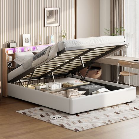 Lit Coffre 160x200 avec Éclairage LED,Tête de lit Capitonné avec Étagères Ouvertes et Rangement Caché, Lits 2 Personnes avec Hydraulique, Sommier à Lattes, PU Matériel,Blanc (1/5)