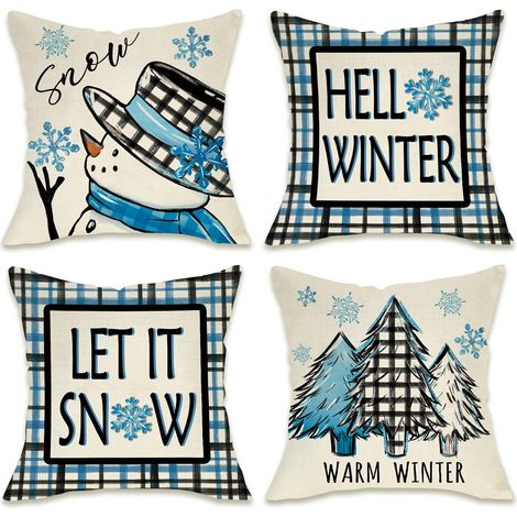 Fundas de cojín decorativas con diseño de muñeco de nieve, juego de 4 fundas, 45 x 45 cm, estampado de árbol de Navidad a cuadros azules y negros, estilo rústico. (1/5)