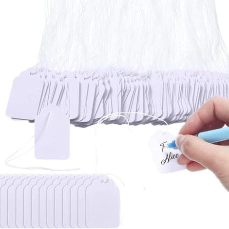 Étiquettes de prix blanches avec cordon de suspension et surface lisse, lot de 1200. (1/5)
