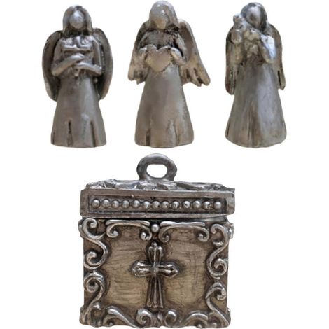 Boîte à prières miniature avec anges - Coffret à prières ouvrable contenant trois figurines d'anges - Breloque en étain pour cadeaux de Noël - Objet décoratif de collection