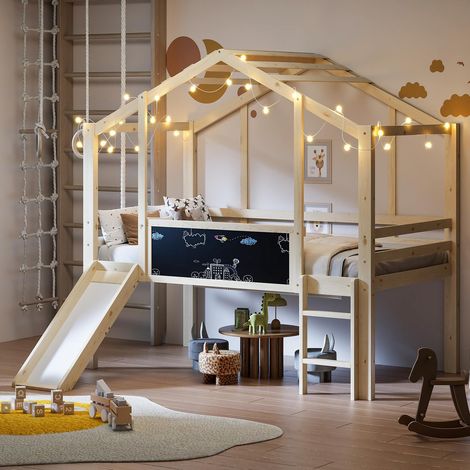 Lit cabane enfant 90x200cm avec échelle, toboggan et tableau à dessin, bois massif naturel (1/5)