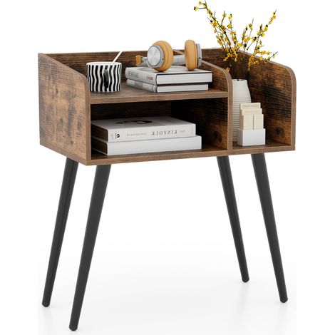 Comodino in stile moderno semplice ma pratico Tavolino a 2 piani con mensole aperte Marrone rustico Nero (1/5)