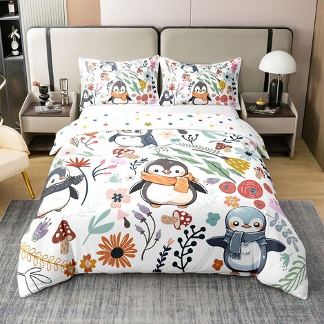 Housse de couette 100 % coton bio - Motif pingouin mignon - Pour garçons et filles - Housse de couette d'hiver - Motif pingouin - Avec écharpe - Fleurs et champignons multicolores - 220 x 240 cm (1/4)