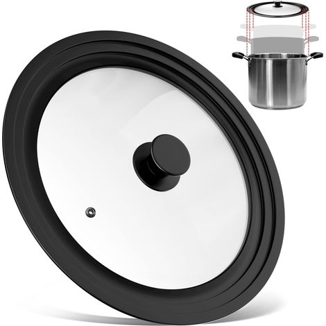 Coperchio universale nero 3 misure, coperchio in vetro con bordo graduato in silicone resistente al calore e sfiato per il vapore, per pentole e padelle con diametro 28 cm, 30 cm, 32 cm