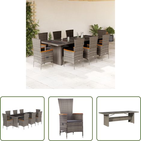 Gartentisch - 9-tlg. Garten-Essgruppe mit Kissen Grau Poly Rattan (1/5)
