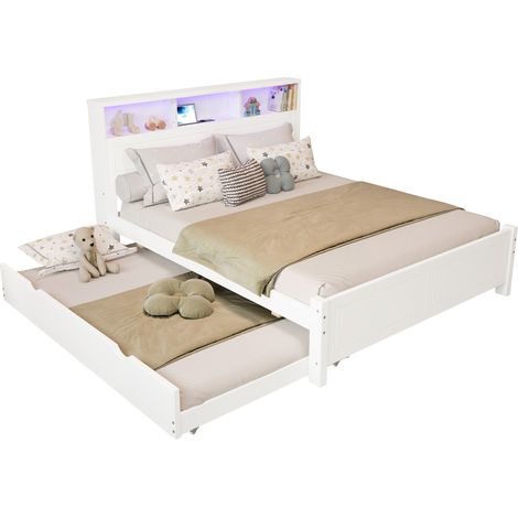 Lit double 120x200 cm avec lit gigogne 90x190 cm, rangement tête de lit, prise USB intégrée et LED d’ambiance, blanc, en bois et MDF, pour chambre familiale – CHICFURN (1/5)