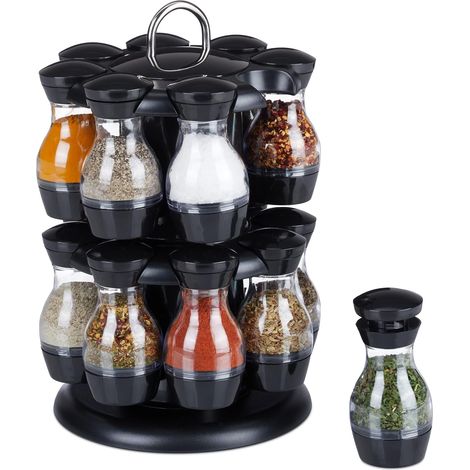 Carrousel à épices, 16 Pots, Support, pivote sur 360º, HxD : 29 x 19 cm, en Plastique, Noir/Argent (1/5)
