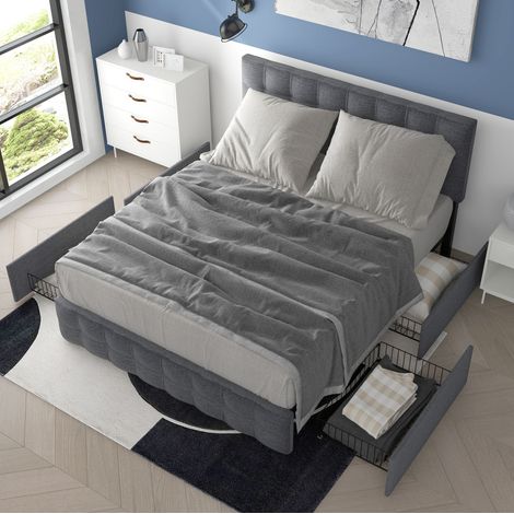 Bett gepolstert Grau 140x200 cm mit 4 Schubladen, höhenverstellbarem Kopfteil und Stahl-Lattenrost (1/5)