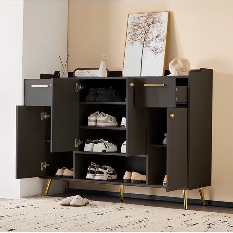 Meuble à chaussures noir HAVRYA, 2 tiroirs, 4 portes et niche ouverte, 130 x 37 x 100 cm (1/5)