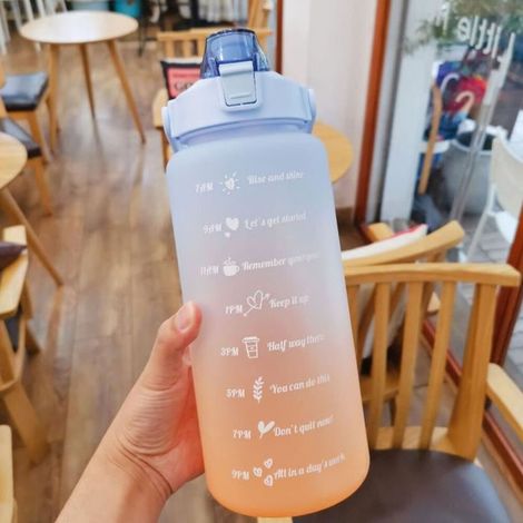1 pièce Gourde en plastique, 2,0 L, dégradé bleu, avec paille intégrée, bouteille d'eau réutilisable pour sport et bureau