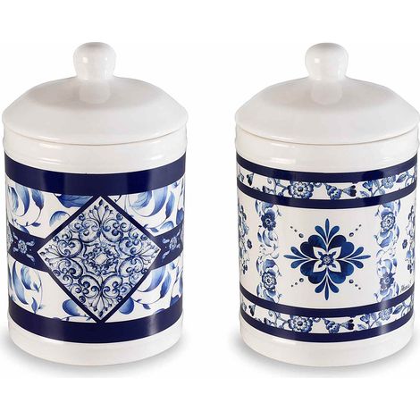 Barattoli / biscottiere / portadolci in ceramica adatti al contatto alimentare con decori maioliche blu, set da 2 pezzi, Ø 11,5 cm x 19 H