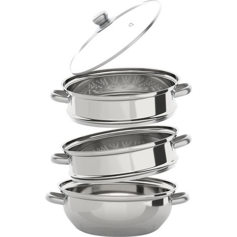 YISSALE-Dreistöckiger Edelstahl-Dampfgarer - 3-etagiges Dampfkochset für Gas, Elektro, Induktion & Halogen, spülmaschinenfest, ideal für die Familienküche (1/5)