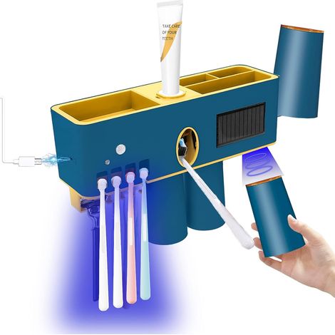 Porte-brosse à dents mural avec stérilisateur UV et distributeur de dentifrice, éclairage LED UVC, rechargeable par USB, organisateur intelligent sans perçage pour brosses à dents et rasoirs. (1/5)