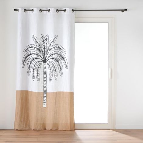 Rideau à Œillets en Gaze de Coton "Oasia" 140x240cm Blanc & Camel (1/5)