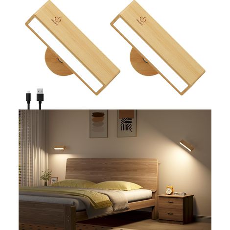 Lot de 2 Applique Murale Intérieure Bois,Lampe Murale Sans Fil Rechargeable USB,Réglage de La Luminosité Applique Murale Sans Fil Chambre,Lampe de Chevet Tactile (1/5)