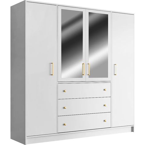 Armadio 4 ante e 3 cassetti Con specchi L196 cm Bianco - LIZANDRO (1/5)