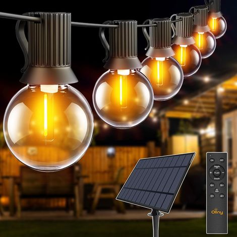 Guirlande lumineuse solaire d'extérieur 10 m avec 16 + 1 ampoules LED, éclairage extérieur solaire G40 avec télécommande, 3 modes d'éclairage et fonction minuterie, étanche IP65, pour jardin, balcon,