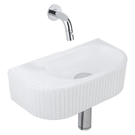 QeramiQ Fuente Ensemble de Lavabo - 40x21.5x12cm - strié - demi-rond - céramique - ensemble de robinet chrome - bouchon de vidange - siphon réduit -