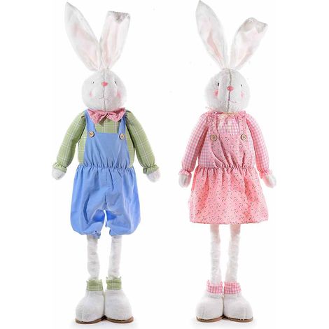 Conigli decorativi in stoffa con gambe allungabili e vestito, ideali per vetrine di Pasqua, set da 2 pezzi