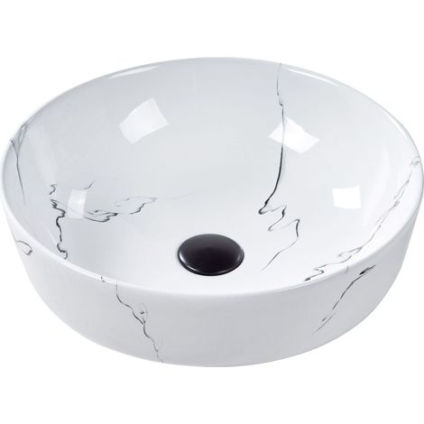 Lavabo en Céramique 42 cm Effet Marbre Comptoir Evier Rond Salle de Bain Blanc Hopi