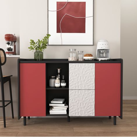 Anrichte MDF Schwarz/Rot 120 x 40 x 80 cm mit 2 Schubladen, offenen Fächern und geschlossenem Schrank (1/5)