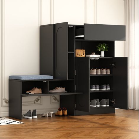 Schuhschrank aus Spanplatte Schwarz mit Sitzbank, 2 Türen, 2 höhenverstellbare Einlegeböden, Soft-Close, 130x35x110 cm (1/5)