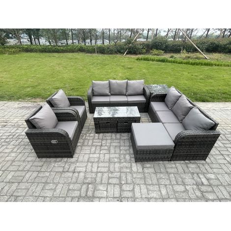 Fimous 11-Sitzer Polyrattan Sofa Set Outdoor Patio Gartenmöbel mit 2 Liegestühle Couchtisch Beistelltisch 3 Hockern Dunkelgrau Gemischt (1/5)
