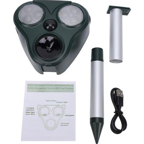 Ultrasonic Animal Repellent, Solar Powered with Infrared Sensor, 5 Modes, LED Flashlights and Voice Alarm for Garden, Yard and Farm (1/5)