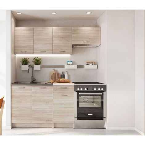 Pegane – Cuisine complète 5 meubles L 180 cm chêne sonoma – Plan de travail beige 28 mm – Meuble sous évier 80 cm – Meuble haut 56 cm (1/4)