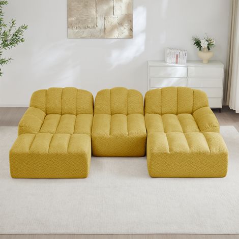 Canapé modulaire 3 places, Canapé d'angle en L sans cadre, forme de coque, 2 pouf, coussins d'assise profonds, aucun assemblage requis, velours, Jaune (1/5)