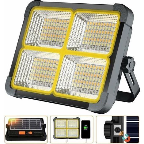 Projecteur LED Rechargeable 336 LEDs/ 100W/ Panneau Solaire/ 4 Modes d'éclairage/ Batterie Externe 12000mAh/ Absorption d'aimant, Idéal pour Camping, Travail, Pêche, Couleur Noire [Classe énergéti (1/4)