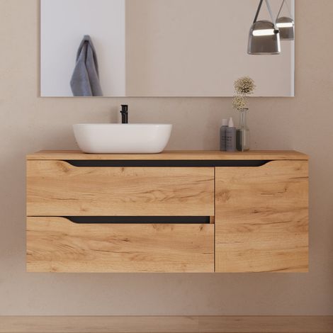 Meuble de salle de bain 120cm avec plateau et vasque à poser déportée à gauche Zeus - sans miroir - 2 tiroirs et un placard - roble (chêne clair) - ZARZA