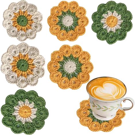 JSSEVN-Lot de 6 dessous de verre en crochet faits à la main en forme de fleur tricotée pour pot de fleurs, dessous de verre décoratifs amusants (1/5)