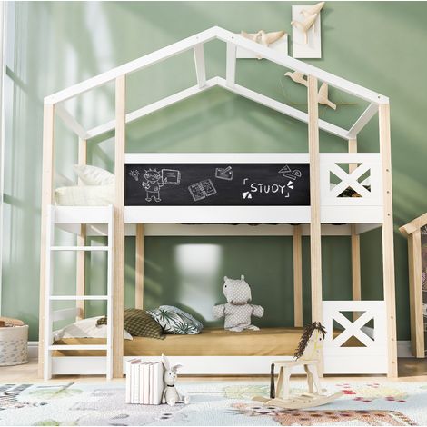 Lit mezzanine cabane 90/200 cm blanc en bois massif avec tableau et échelle (1/5)