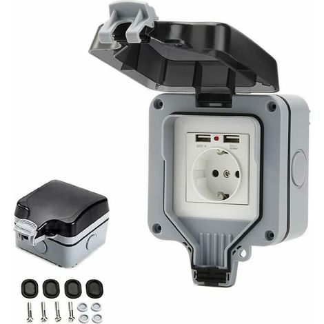 Prise Étanche IP66 avec Connexions USB Prise Électrique Extérieure avec Couvercle Boîtier de Prise Murale pour Jardin Garage Piscine (1/5)