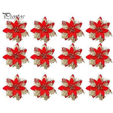 12/24 pièces de fleurs artificielles de Noël à paillettes rouges, dorées et argentées, couronne de sapin de Noël à plusieurs niveaux, décoration de fleurs artificielles, accessoires photo pour fêtes12 (1/5)