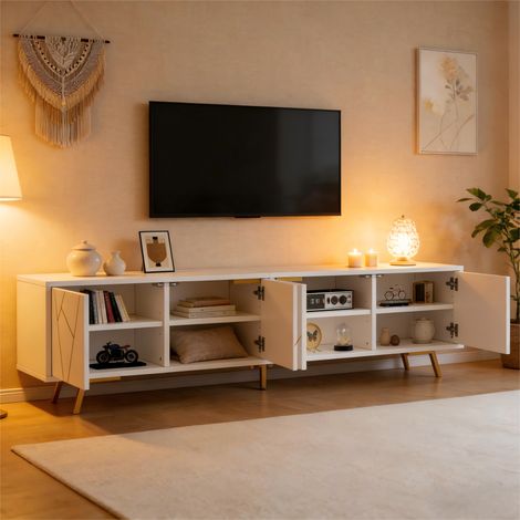 Meuble TV avec 4 Portes, 8 Niches et Étagère Réglable, en Panneaux de Particules, Blanc et Doré, 190×40×51.5 cm (1/5)
