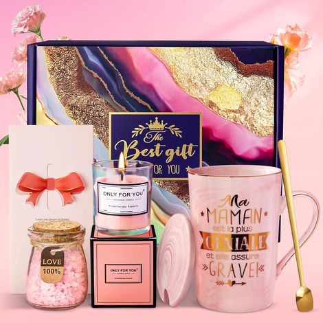 Cadeau Anniversaire Maman, Coffret Spa avec Tasse en Céramique Marbrée 14oz Mug avec Texte Doré, Carte de Vœux et Accessoires Bien-être. Idéal pour la Fête des Mères, Anniversaire et Moments de Déten (1/5)