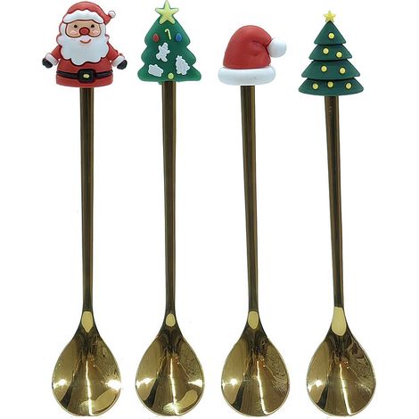 Set 4 Cucchiaini da Caffè Natalizi in Acciaio Oro con Personaggi di Natale – Babbo Natale, Albero, Cappello – Posate da Caffè con Scatola Regalo a Tema
