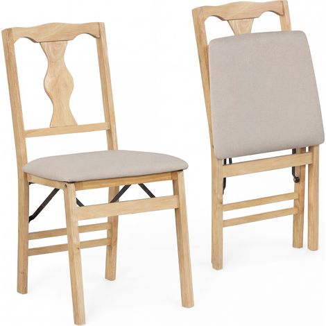 COSTWAY 2 Pack Folding Chairs with Cushioned Seats Rubber Wood Frame Non-Slip Feet Compact Dining Chairs Beige (1/5)